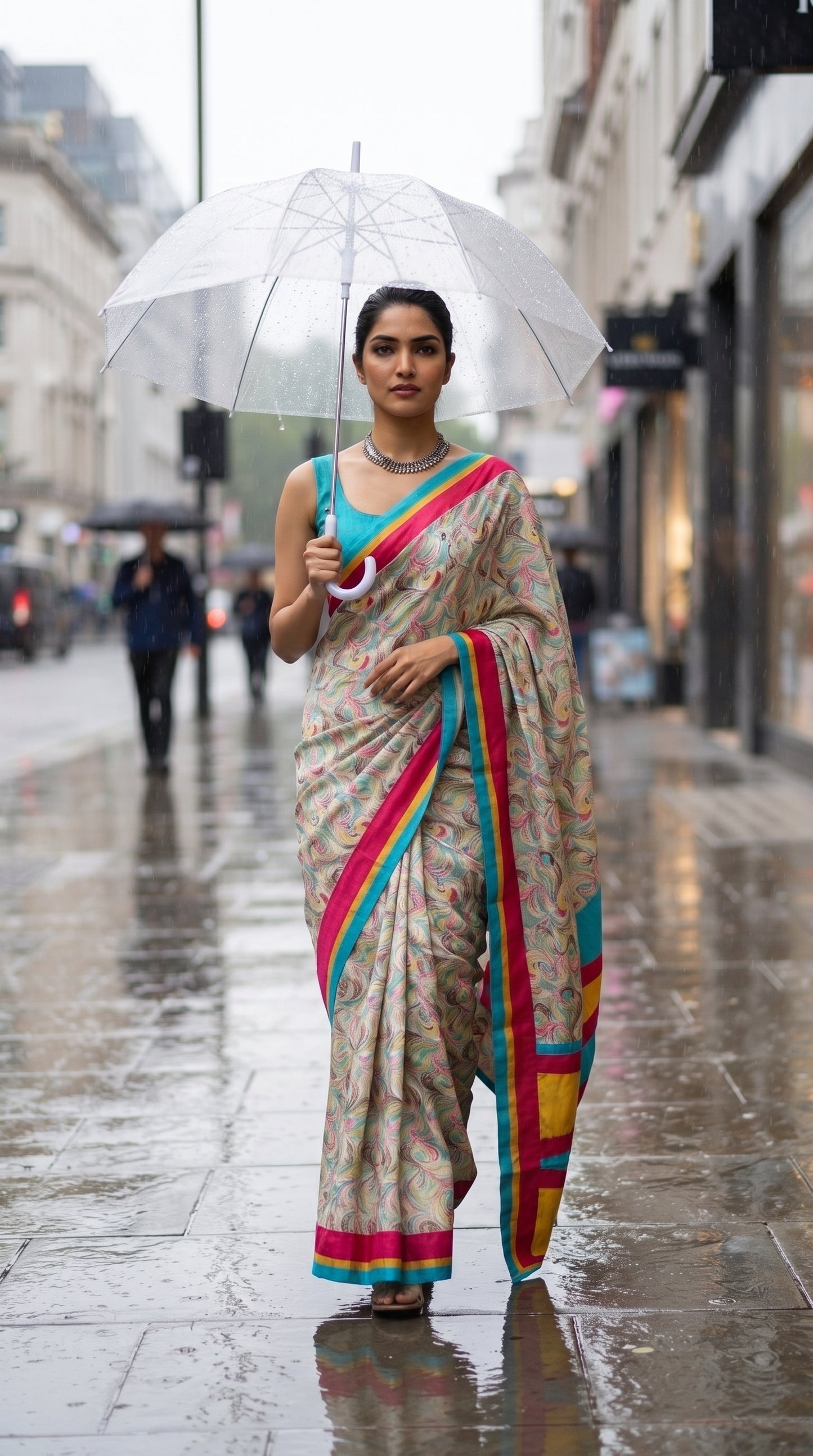 A full-length front portrait of a woman walking down a rain-slicked city street holding a clear umbrella, displaying the fluid movement, sky blue canvas, and vibrant magenta and yellow color-blocked satin borders of her printed silk saree