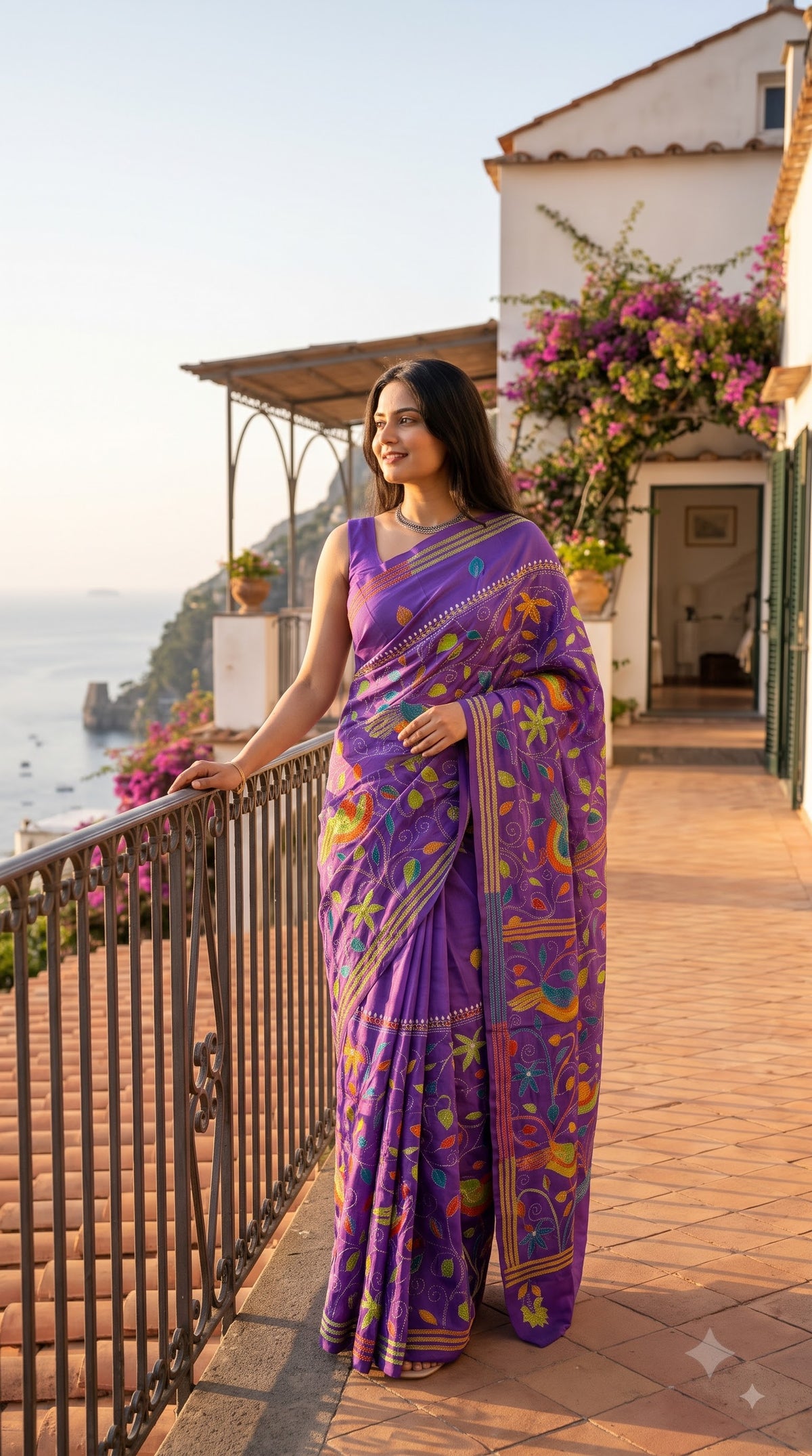 Pure Silk Saree with Kantha-Stitched - Purple