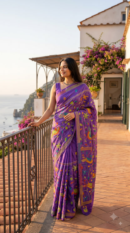 Pure Silk Saree with Kantha-Stitched - Purple