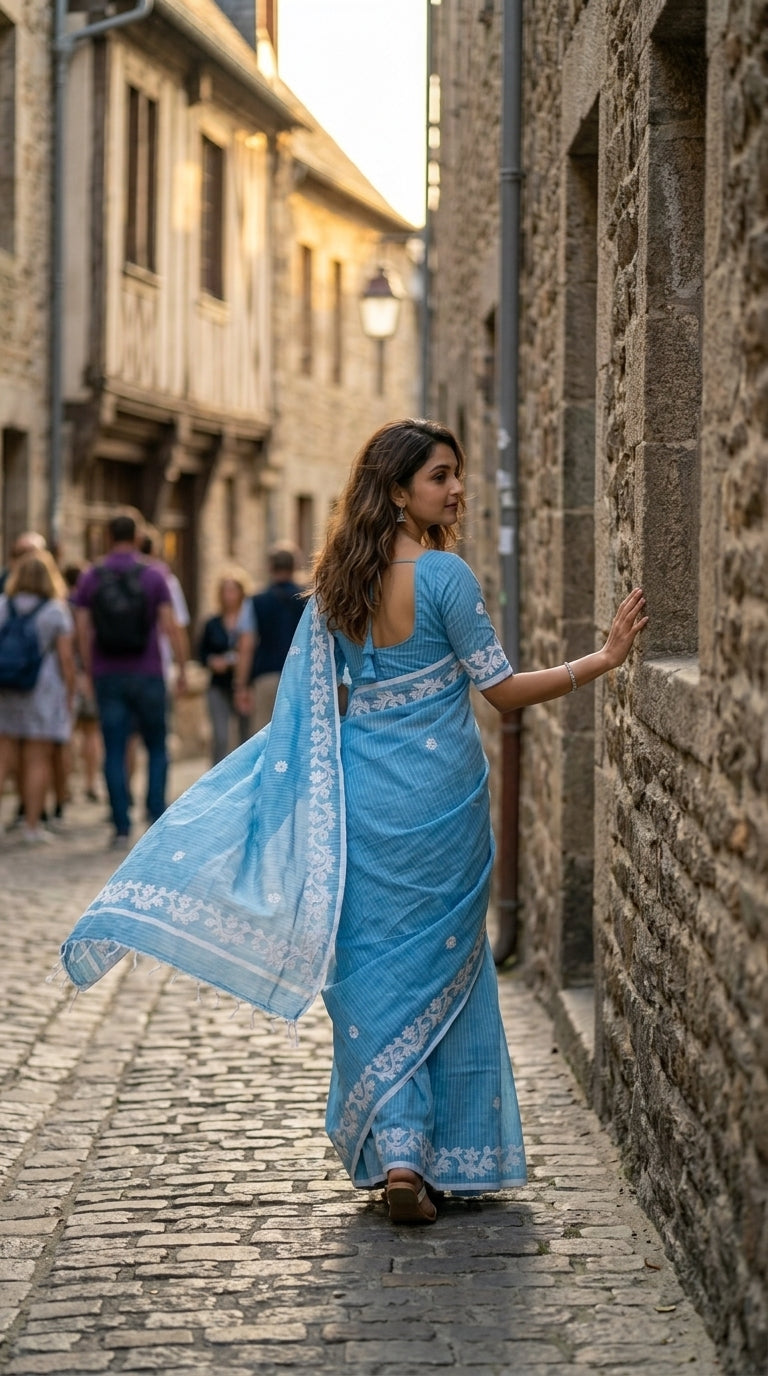 Blue Cotton Saree with Applique Border