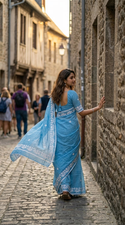 Blue Cotton Saree with Applique Border