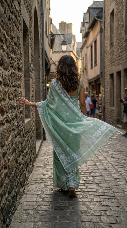 Light Green Cotton Saree with Applique Border
