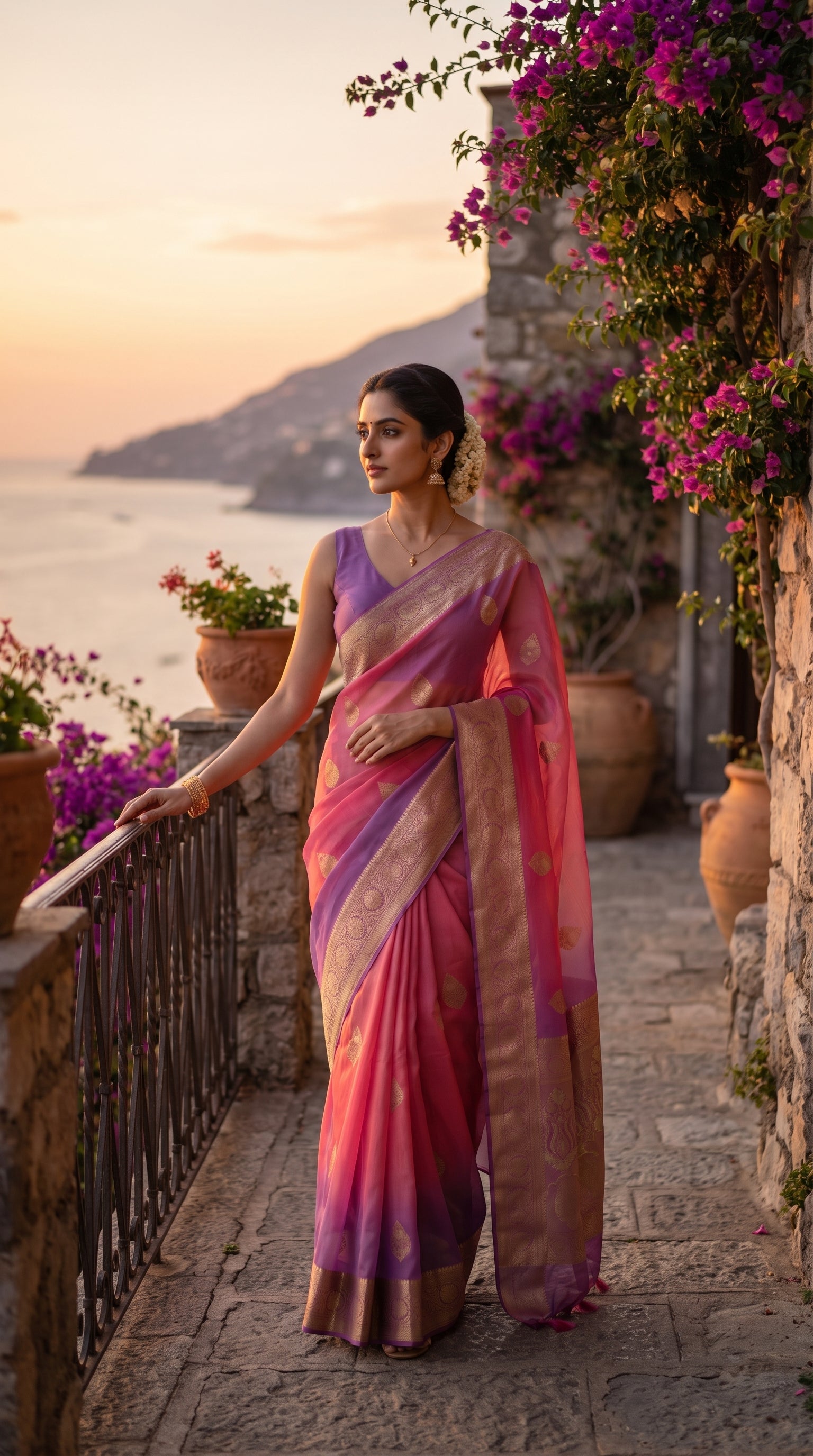 A full-length side profile of a woman standing on a stone terrace balcony next to pink bougainvillea overlooking a coastal sunset, showing the sheer texturing and elegant fall of her pink and purple Banarasi saree