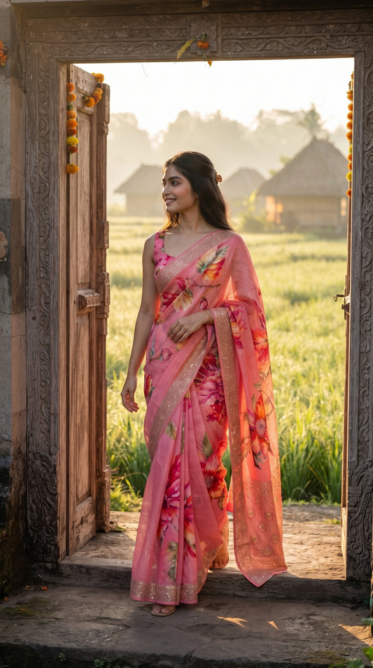 A smiling woman walking out of an old, carved wooden doorway framing a sunlit green field, highlighting the fluid drape and vibrant coral and red floral prints of her pink pure Chinon saree