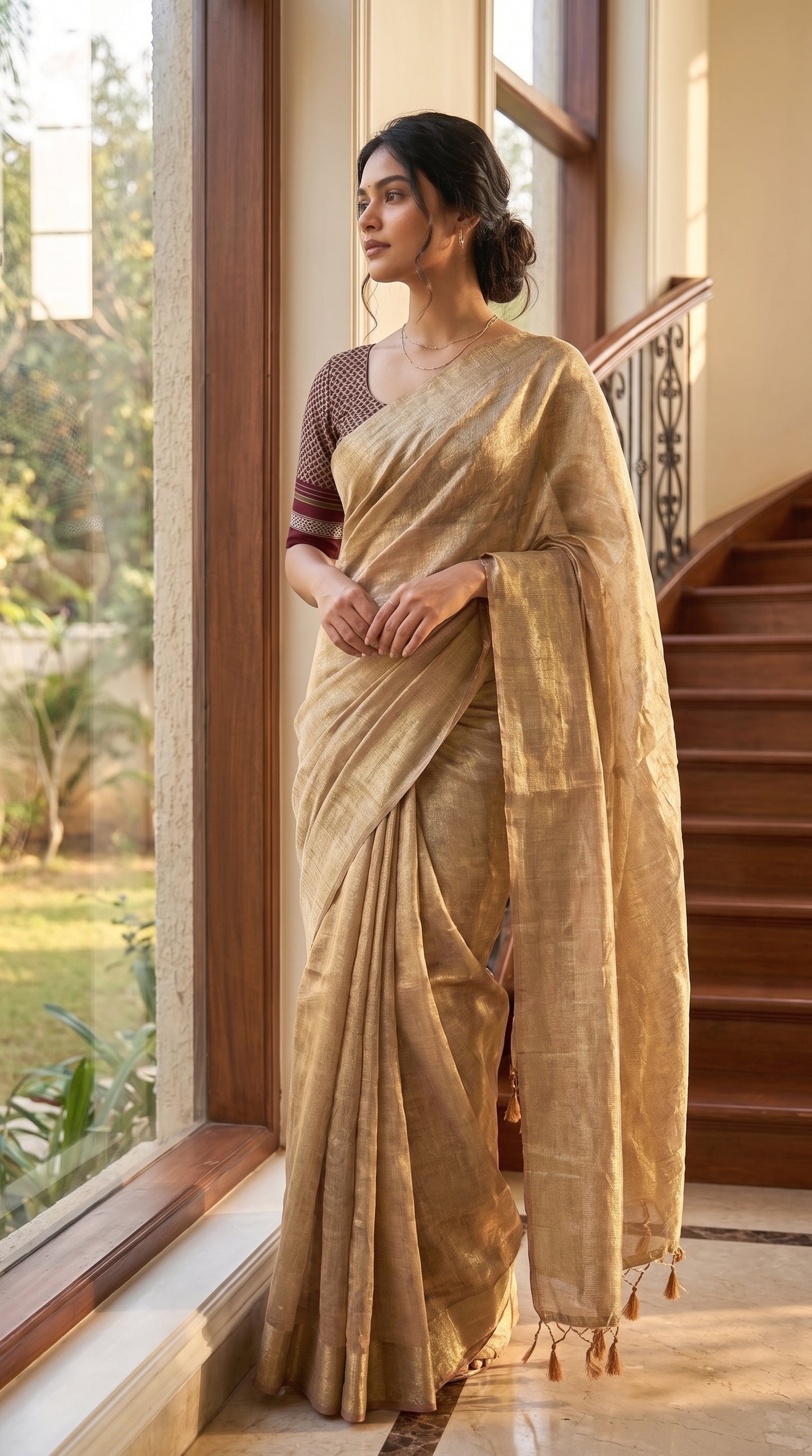 A portrait of a woman standing near a large window next to an indoor wooden staircase, displaying the soft golden luster, semi-translucent drape, and delicate hand-knotted hem tassels of her tissue cotton saree