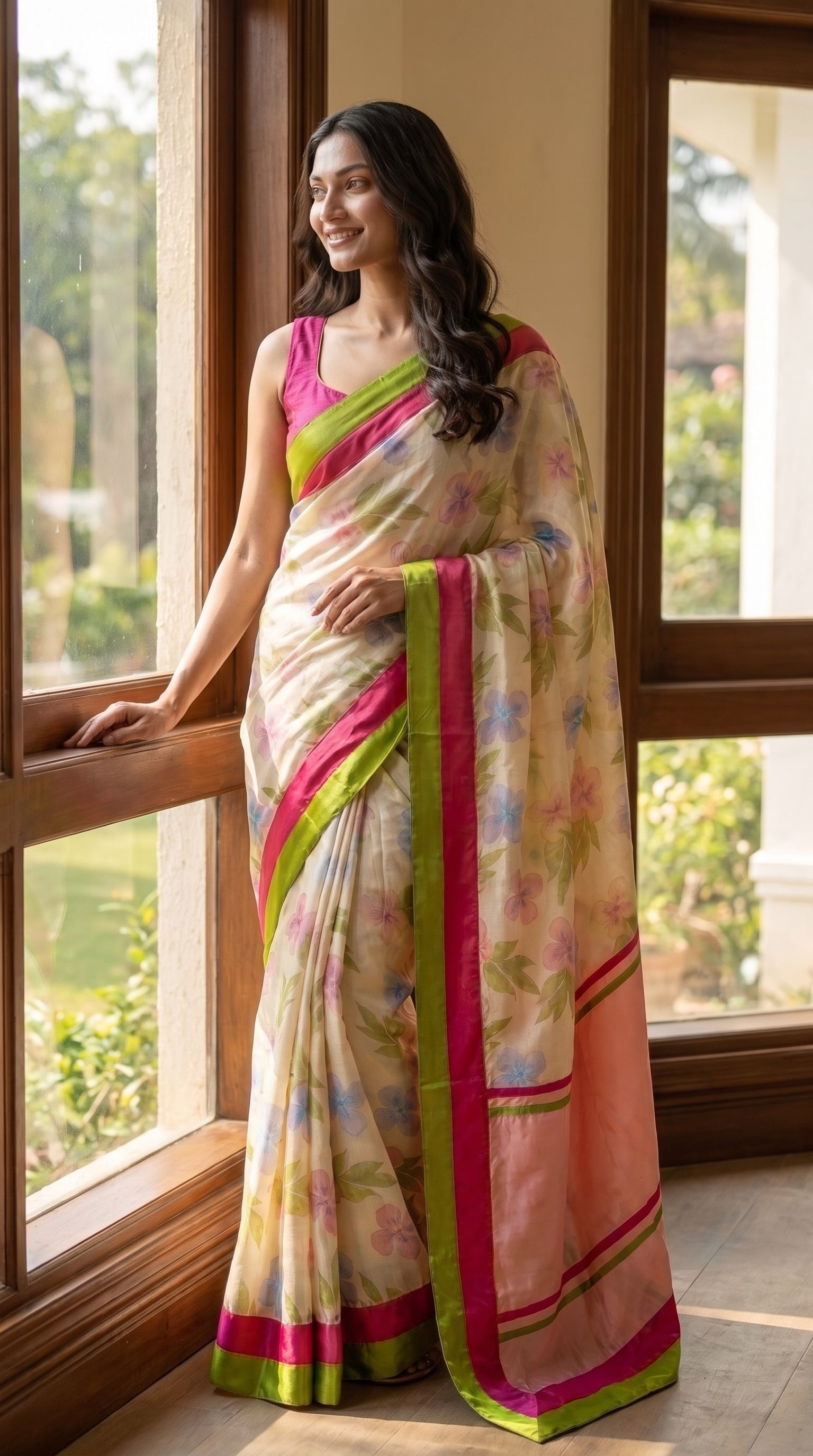A three-quarter front portrait of a smiling woman standing by a large glass window, highlighting the translucent texture, watercolor blossoms, and crisp border details of her cream pure silk saree