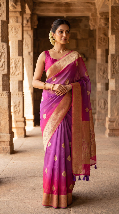A full-length front portrait of a woman standing gracefully within an ancient temple arcade hallway, beautifully displaying the structured royal drape, golden buttis, and detailed pink zari border of her purple handloom saree