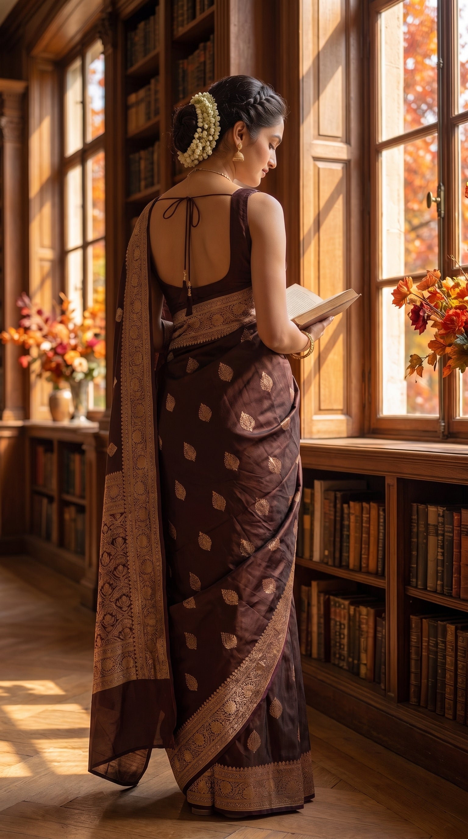 A rear-view portrait of a woman with a braided hair bun standing by a large library window, looking at an open book, showcasing the clean back design of her blouse and the gold zari work on her dark coffee brown saree