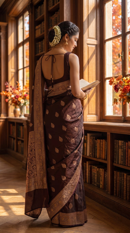 A rear-view portrait of a woman with a braided hair bun standing by a large library window, looking at an open book, showcasing the clean back design of her blouse and the gold zari work on her dark coffee brown saree