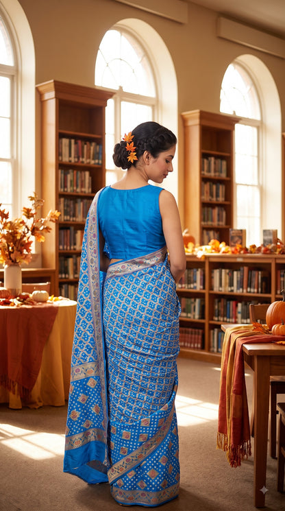 Dhupiyan Silk with Bandhani & Jaal Zari - Aqua Blue