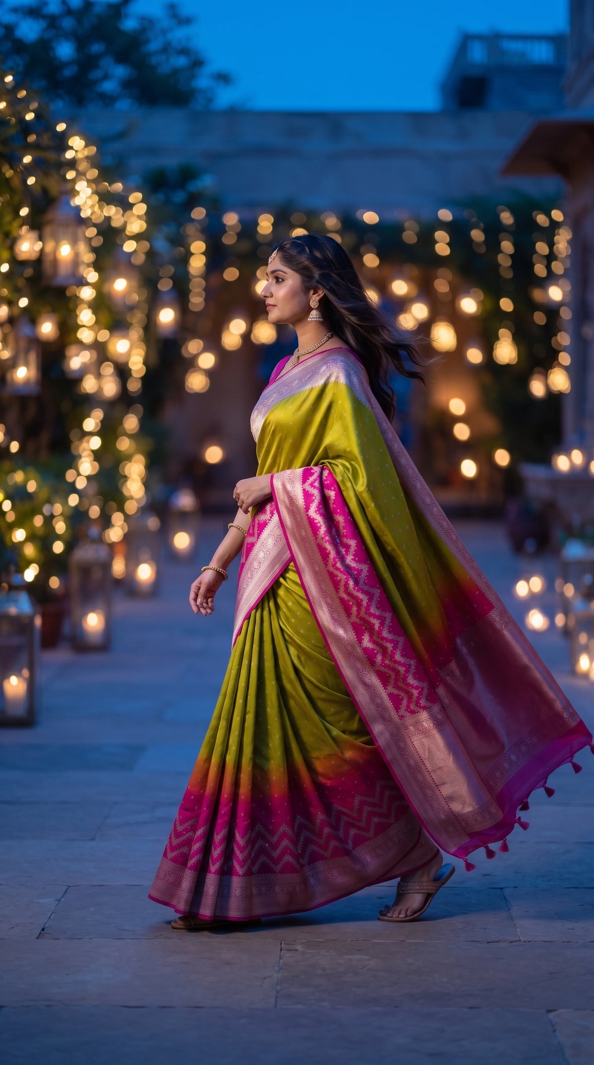 A side-angle candid portrait of a woman walking through an outdoor courtyard illuminated with warm bokeh string lights at twilight, showing the graceful daily movement of her lime green and magenta Banarasi silk saree