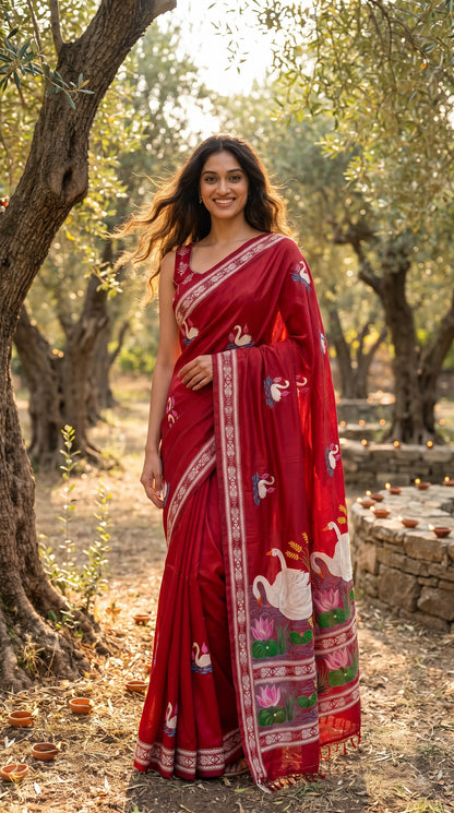 Pure Silk Saree with Kantha-Stitched - Maroon