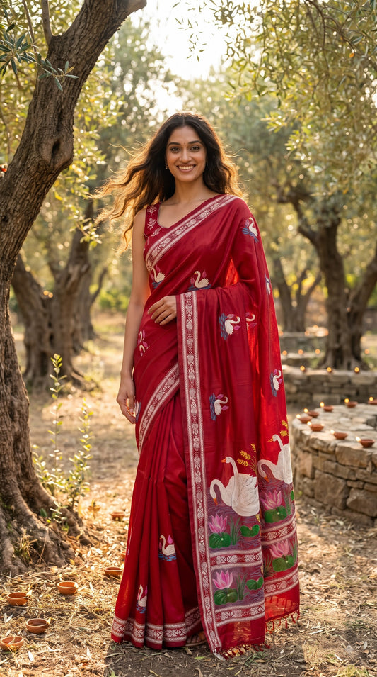 Pure Silk Saree with Kantha-Stitched - Maroon