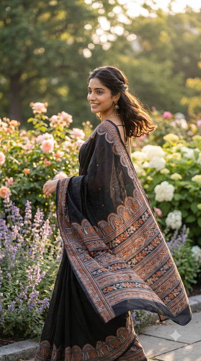Pure Art Malai Silk Saree with Kantha-Stitched - Black