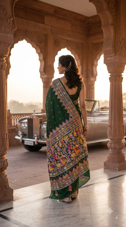 Pure Silk Saree with Kantha-Stitched - Green