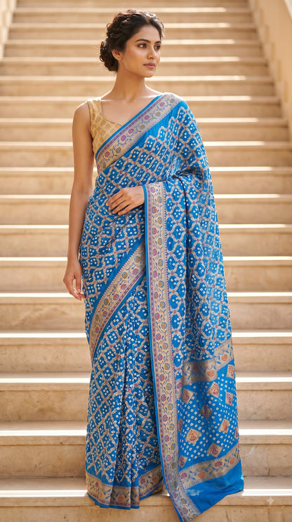 Dhupiyan Silk with Bandhani & Jaal Zari - Aqua Blue