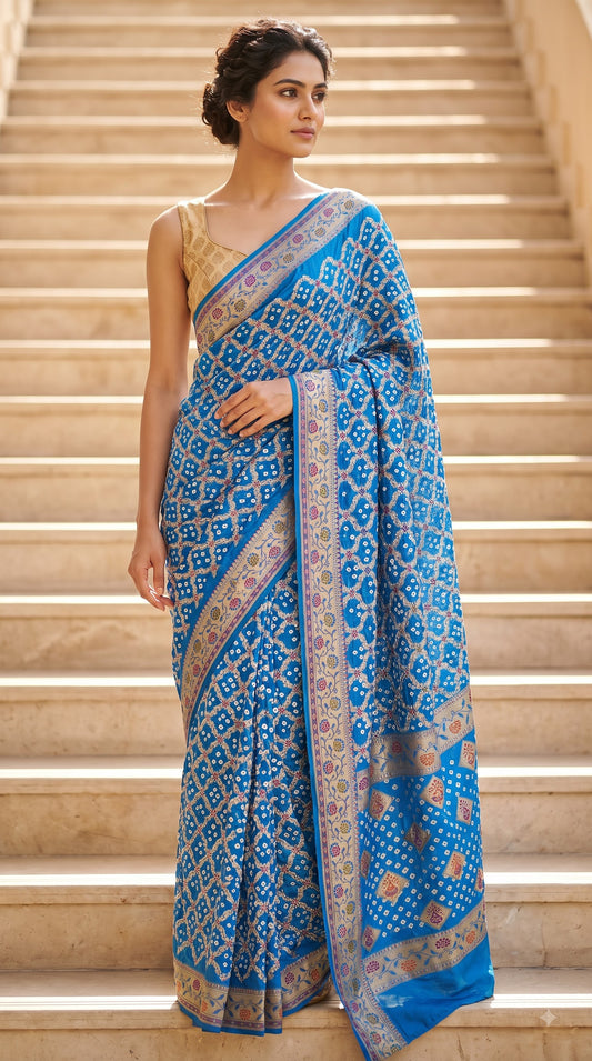 Dhupiyan Silk with Bandhani & Jaal Zari - Aqua Blue