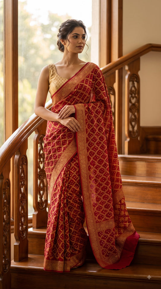 Dhupiyan Silk with Bandhani & Jaal Zari - Red