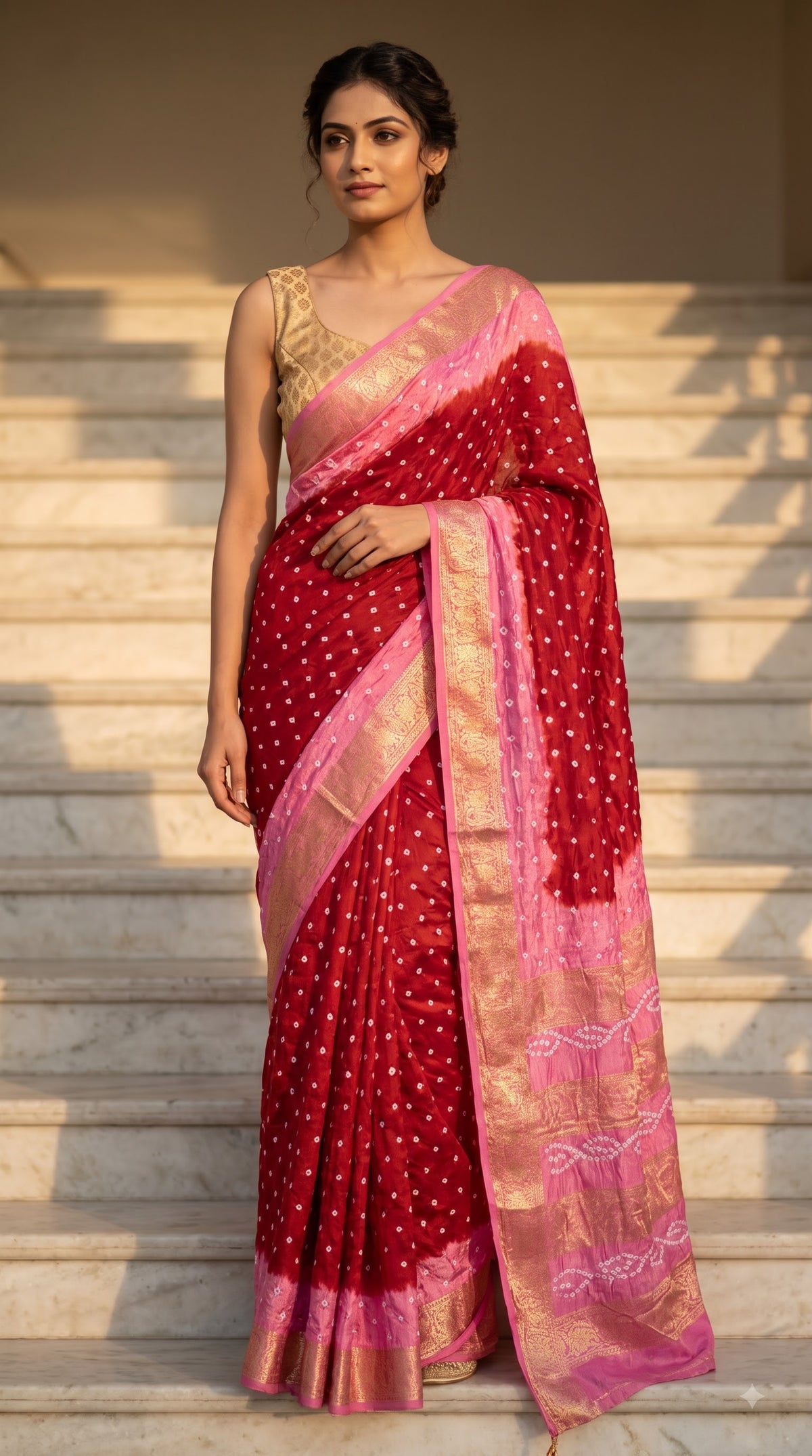 Art Silk Saree with Zari Border - Red with Pink