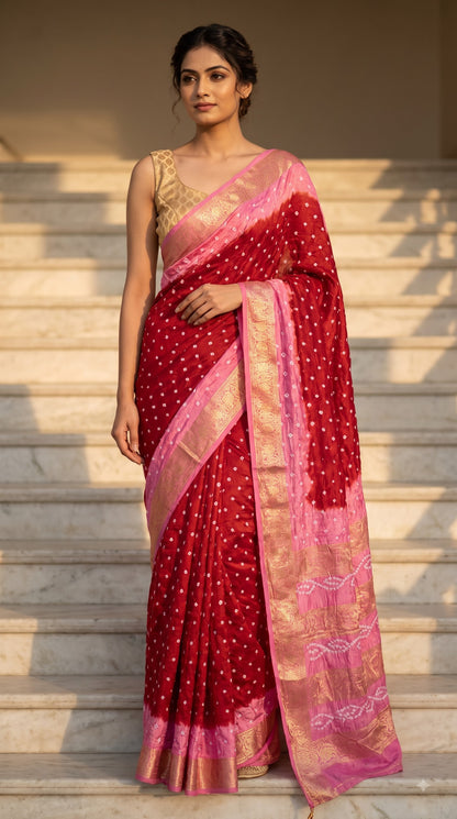 Art Silk Saree with Zari Border - Red with Pink