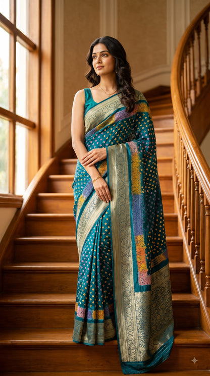 Art Silk Bandhani with Shibori & Zari Border - Blue