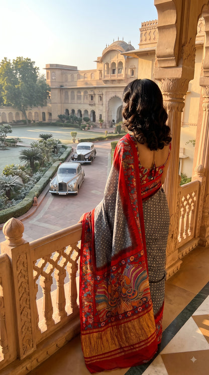 Pure Modal Silk with Bandhani Kalamkari Print Border - Grey with Red