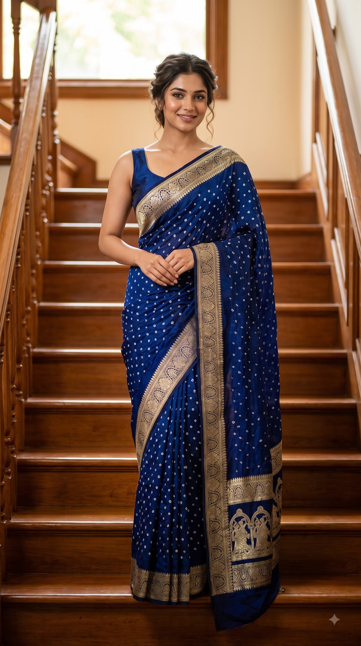 Art Silk Bandhani with Golden Zari - Royal Blue