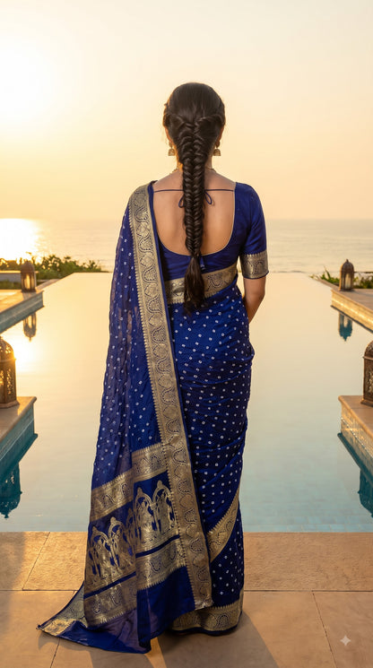 Art Silk Bandhani with Golden Zari - Royal Blue