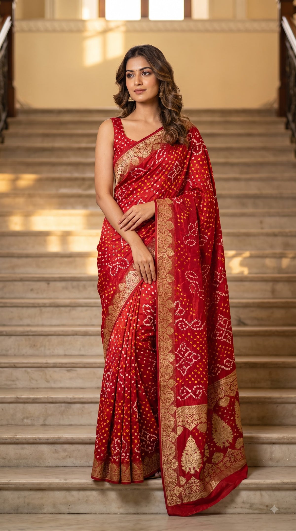 Art Silk Bandhani with Golden Zari - Red