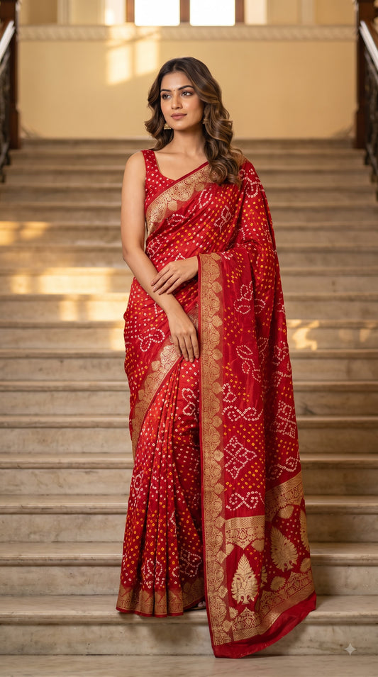 Art Silk Bandhani with Golden Zari - Red