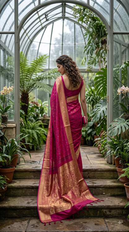 Art Silk Bandhani with Shibori & Zari Border - Magenta
