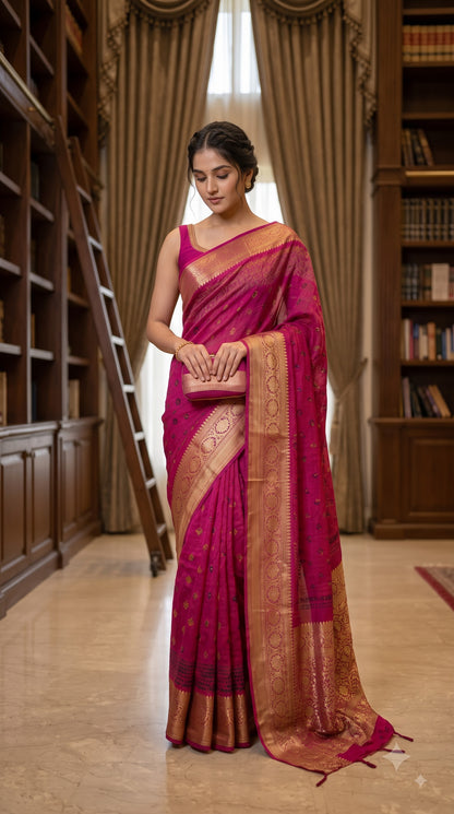 Art Silk Bandhani with Shibori & Zari Border - Magenta