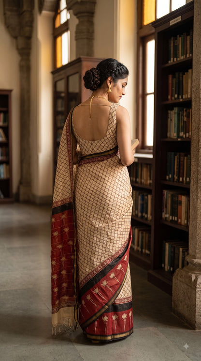 Chanderi Silk Saree with Red Lotus Motifs - Beige & Black
