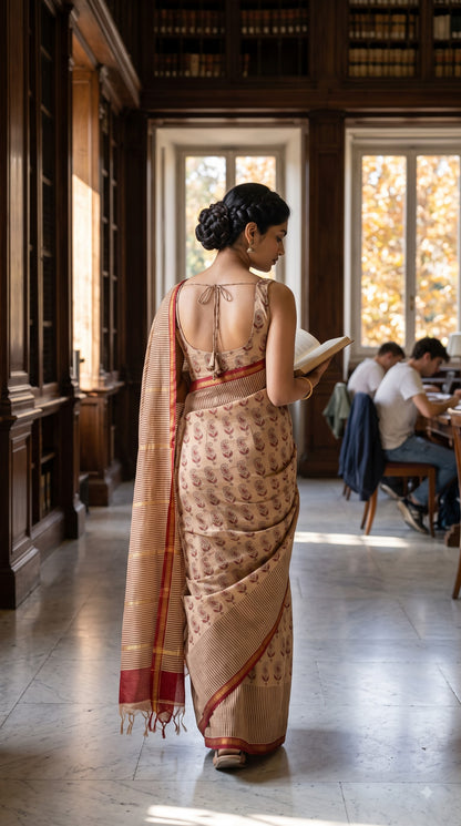 Chanderi Silk Saree with Stripes - Beige with Red