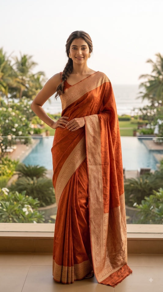 Banarasi Saree with Meenakari Border-Orange