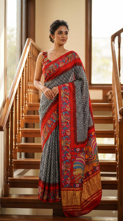 Pure Modal Silk with Bandhani Kalamkari Print Border - Grey with Red