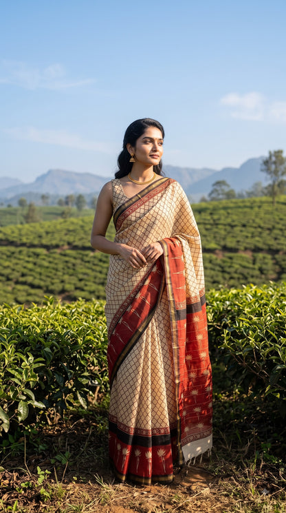 Chanderi Silk Saree with Red Lotus Motifs - Beige & Black