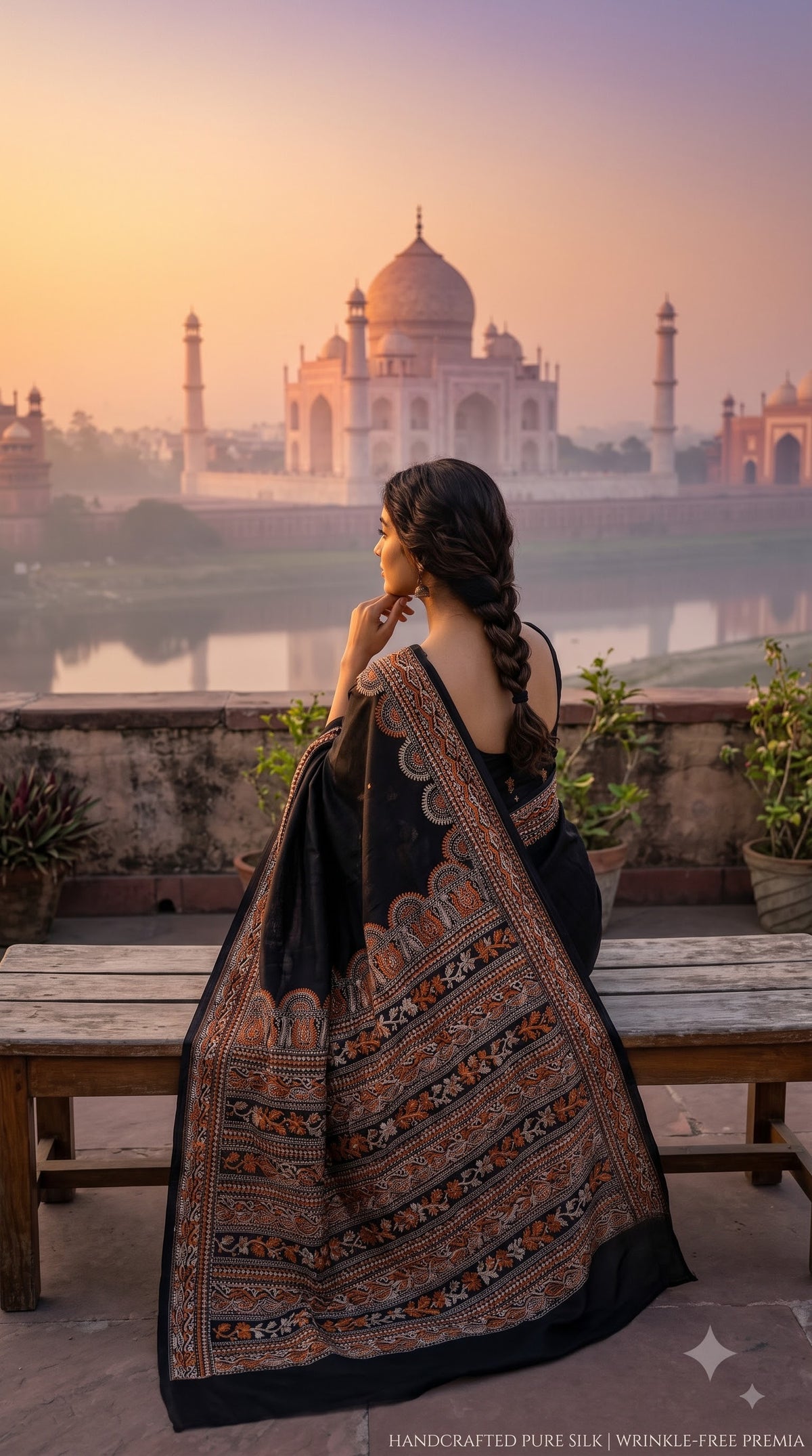 Pure Art Malai Silk Saree with Kantha-Stitched - Black