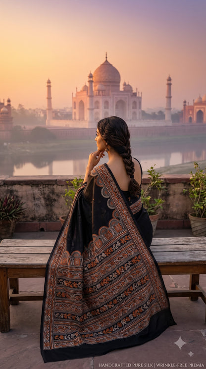 Pure Art Malai Silk Saree with Kantha-Stitched - Black