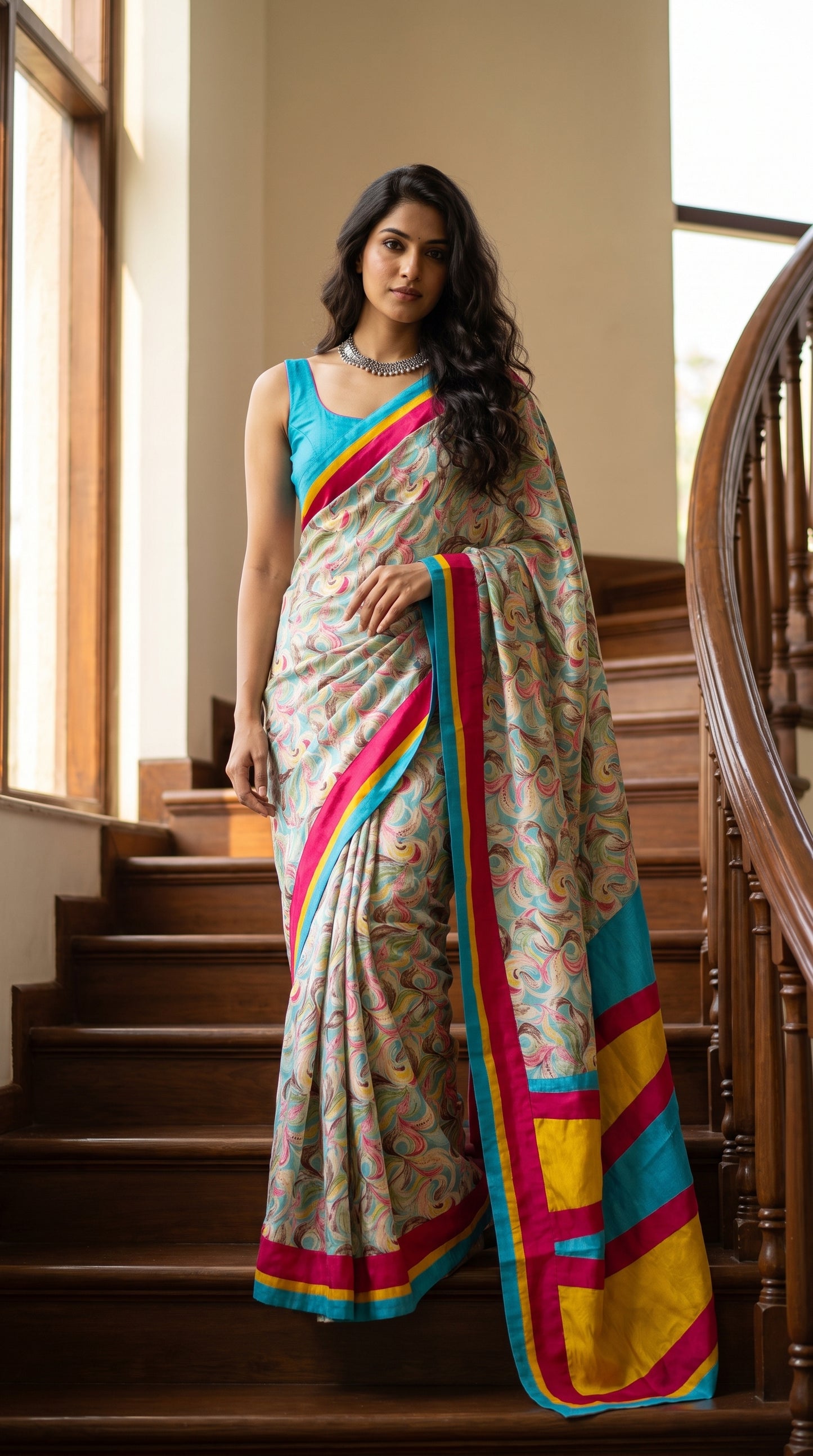 A full-length front portrait of a woman posing on an elegant indoor wooden staircase, showcasing the modern styling, soft pastel swirl print, and vibrant color-blocked border of her sky blue pure silk saree