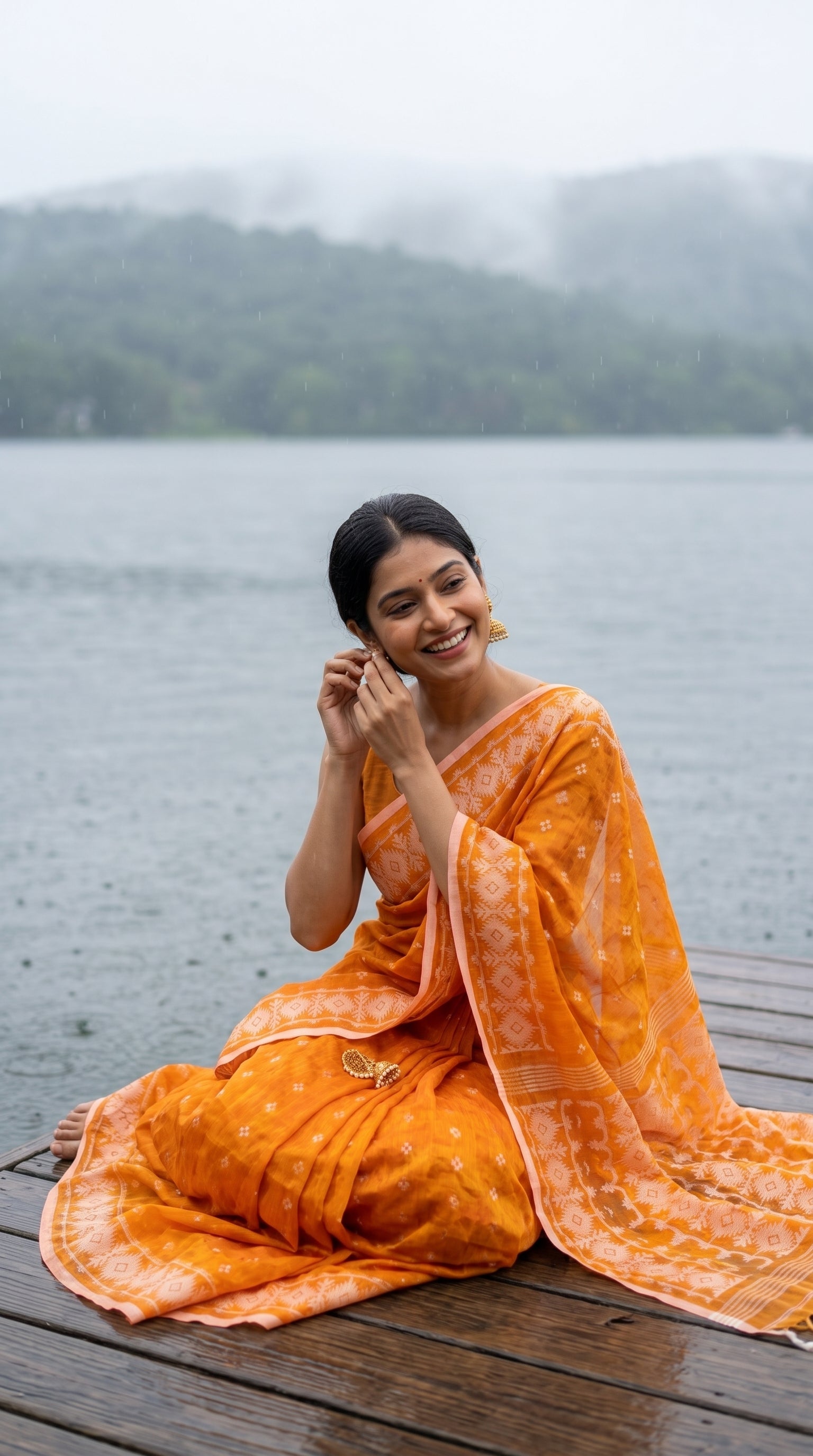 A smiling woman sitting cross-legged on a wet wooden lake jetty on a misty monsoon morning, showcasing the lightweight comfort and beautiful golden-orange hue of her Jamdani saree