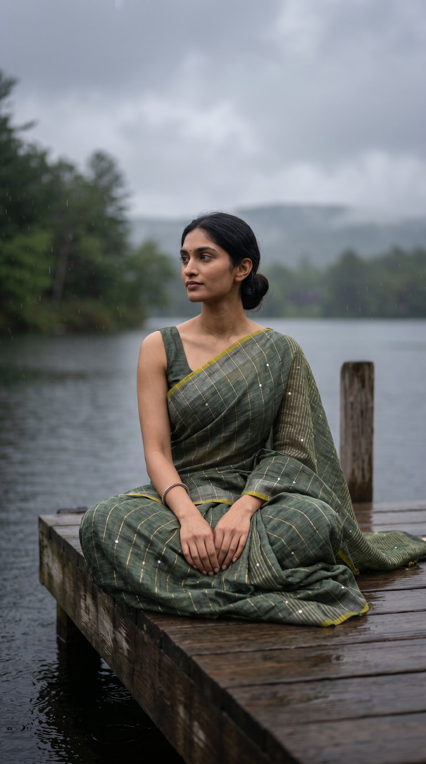 Full-length image of a woman sitting cross-legged on a wet wooden lake jetty during a rainy morning, showcasing the lightweight, slubbed texture and chartreuse yellow borders of an olive green saree