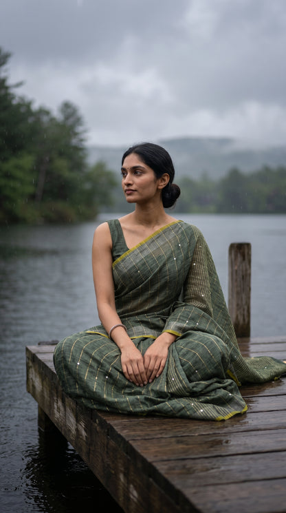 Full-length image of a woman sitting cross-legged on a wet wooden lake jetty during a rainy morning, showcasing the lightweight, slubbed texture and chartreuse yellow borders of an olive green saree