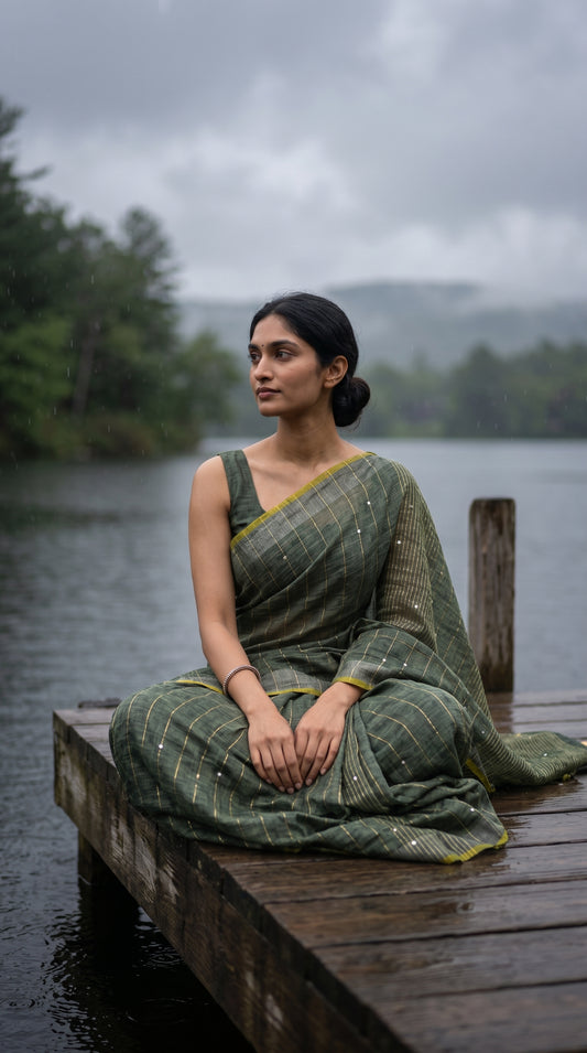 Full-length image of a woman sitting cross-legged on a wet wooden lake jetty during a rainy morning, showcasing the lightweight, slubbed texture and chartreuse yellow borders of an olive green saree