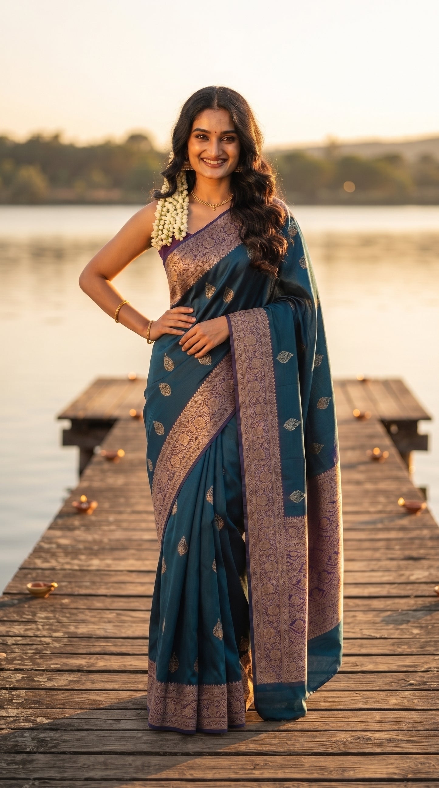A front portrait of a smiling woman standing on a wooden lake jetty at sunset, highlighting the soft golden sheen, delicate floral buttas, and ornate borders of her teal Mashru silk saree