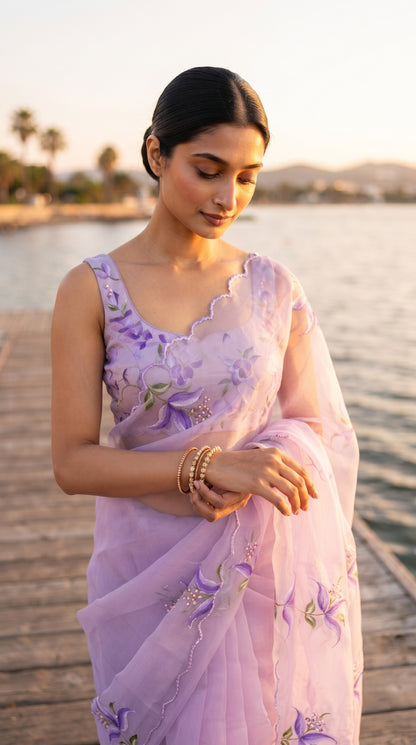 A close-up shot of a woman with a sleek low bun standing on a wooden jetty at sunrise, adjusting her gold bangles, showcasing the delicate cutwork neckline and floral detailing on her lavender blouse