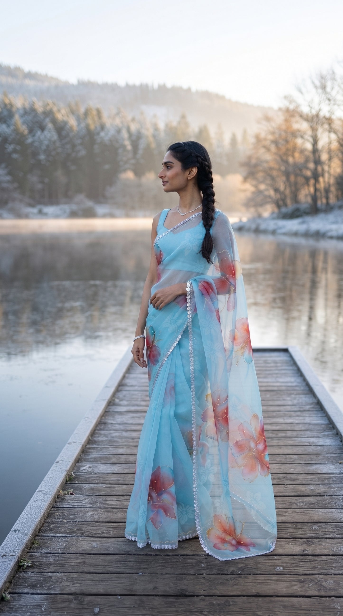Sky Blue Floral Chiffon Saree with Delicate Lace Border