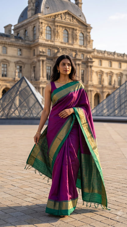 Silk Saree with Pochampally Pallu - Dark Magenta
