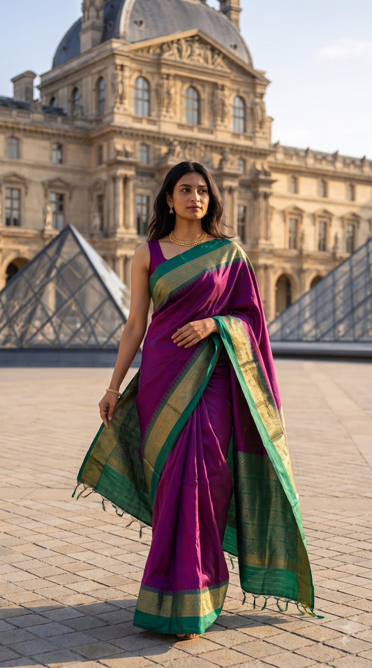 Silk Saree with Pochampally Pallu - Dark Magenta