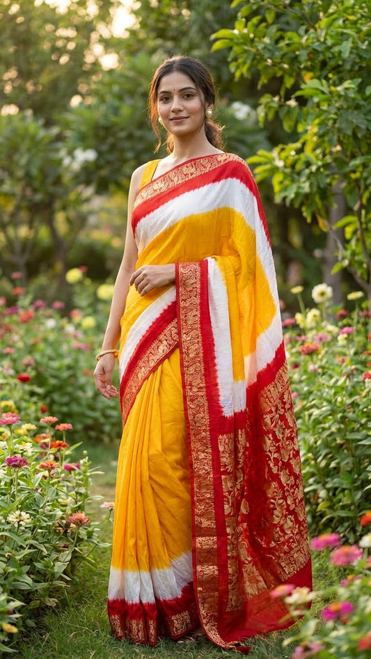 Woman wearing a yellow & magenta modal silk saree with zari border in a garden setting.